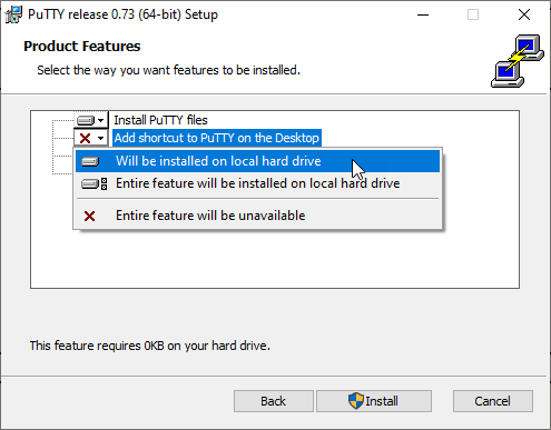 PuTTY Installer - Feature Selection Step