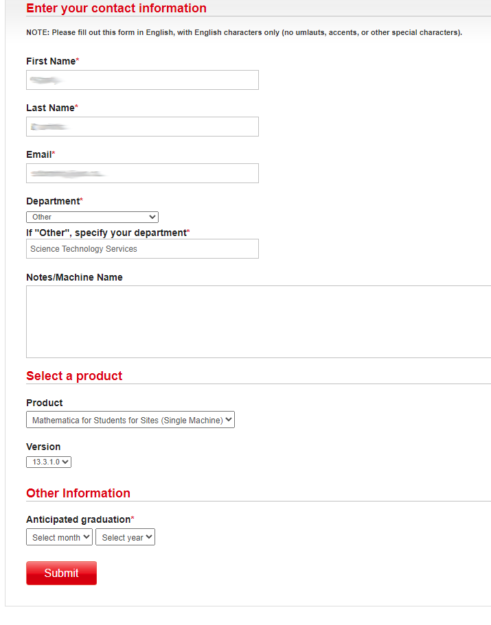 Wolfram Activation Key Request Form screenshot